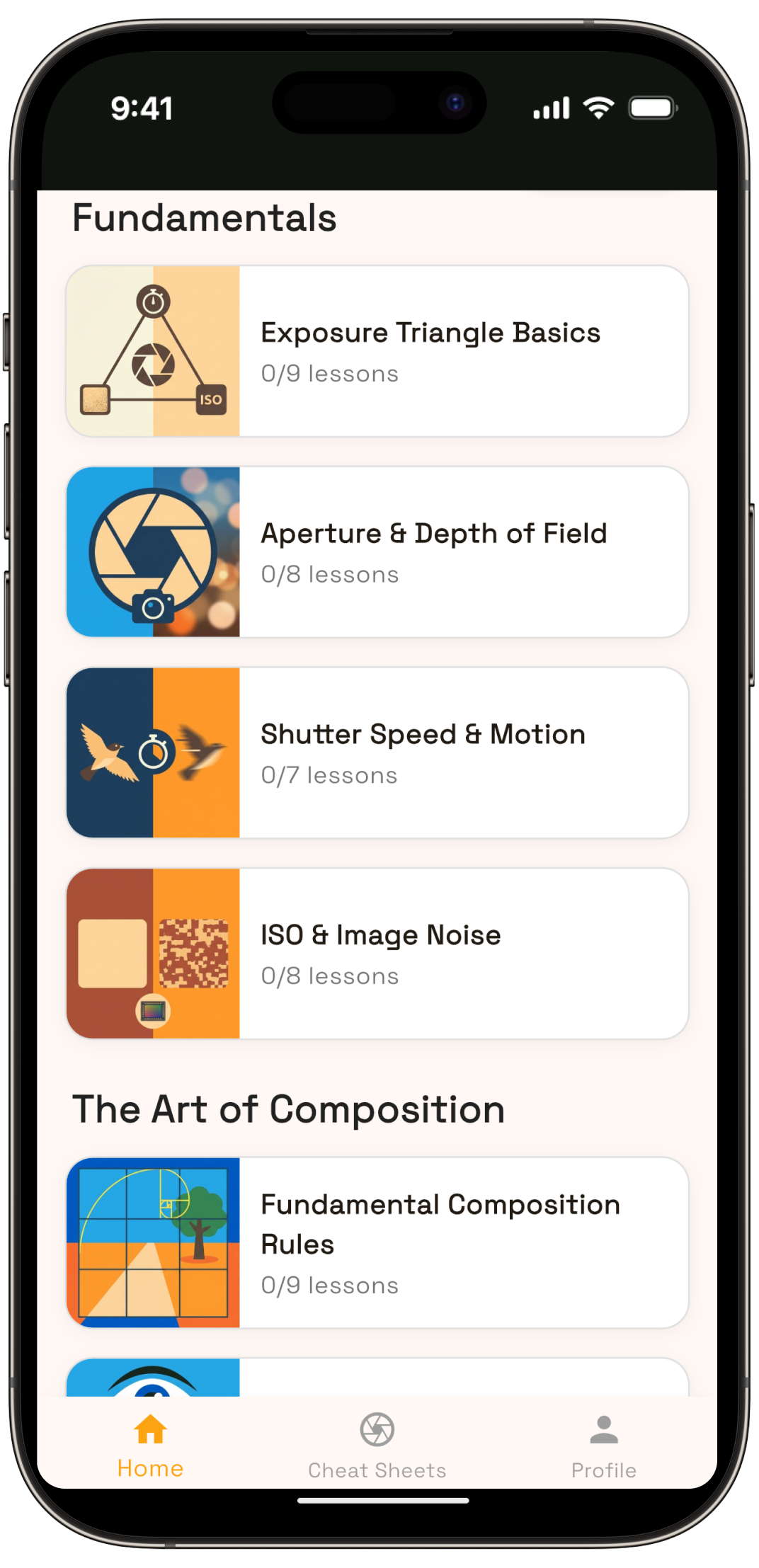 ShutterFox app showing a photography lesson on exposure settings